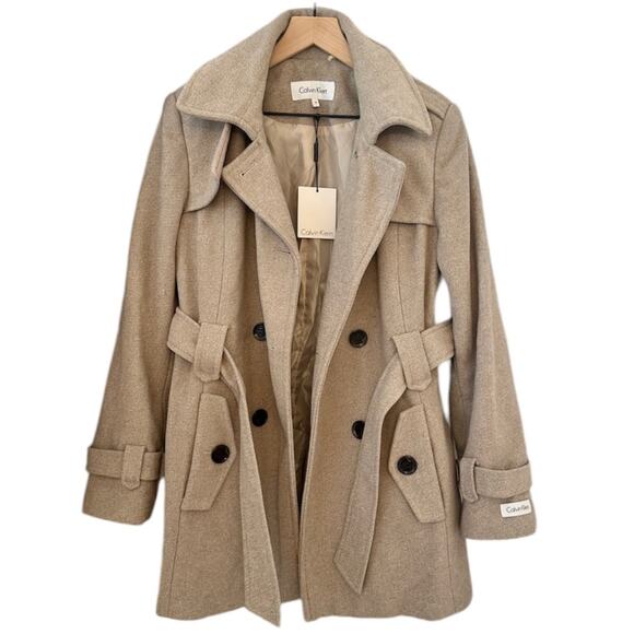 CALVIN KLEIN NWT Light Brown Button Up Belted Wrap Wool Coat – Size 10 - Picture 1 of 7